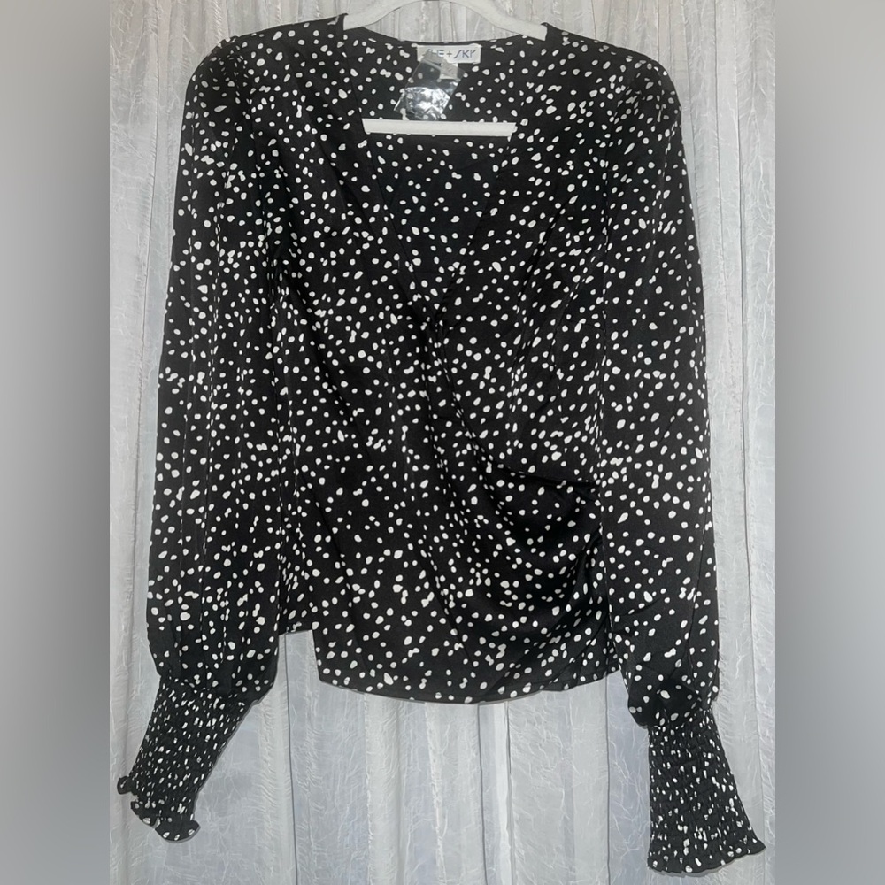 She + Sky black and white polka dot wrap blouse large NWT